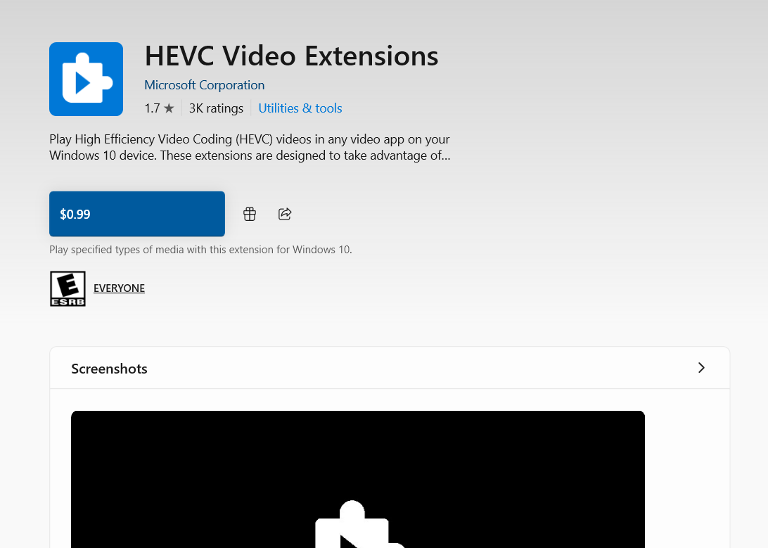 Microsoft Store page showing HEVC Video Extensions priced at $0.99