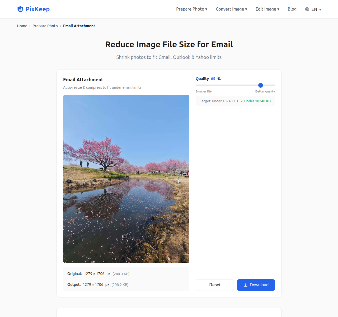 PixKeep Prepare Photo for Email tool with a photo loaded — auto-resize and compress workspace showing quality slider (85%) and a live target-size indicator (Under 10240 KB)