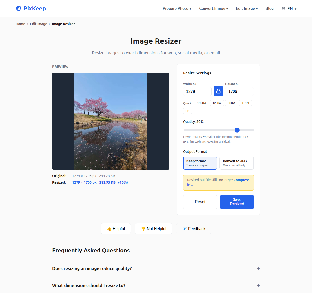PixKeep Image Resizer with a photo loaded — preview canvas on the left, width and height inputs (1279 / 1706 px) on the right, Instagram preset buttons including IG 1:1, quality slider at 80%, and output format options